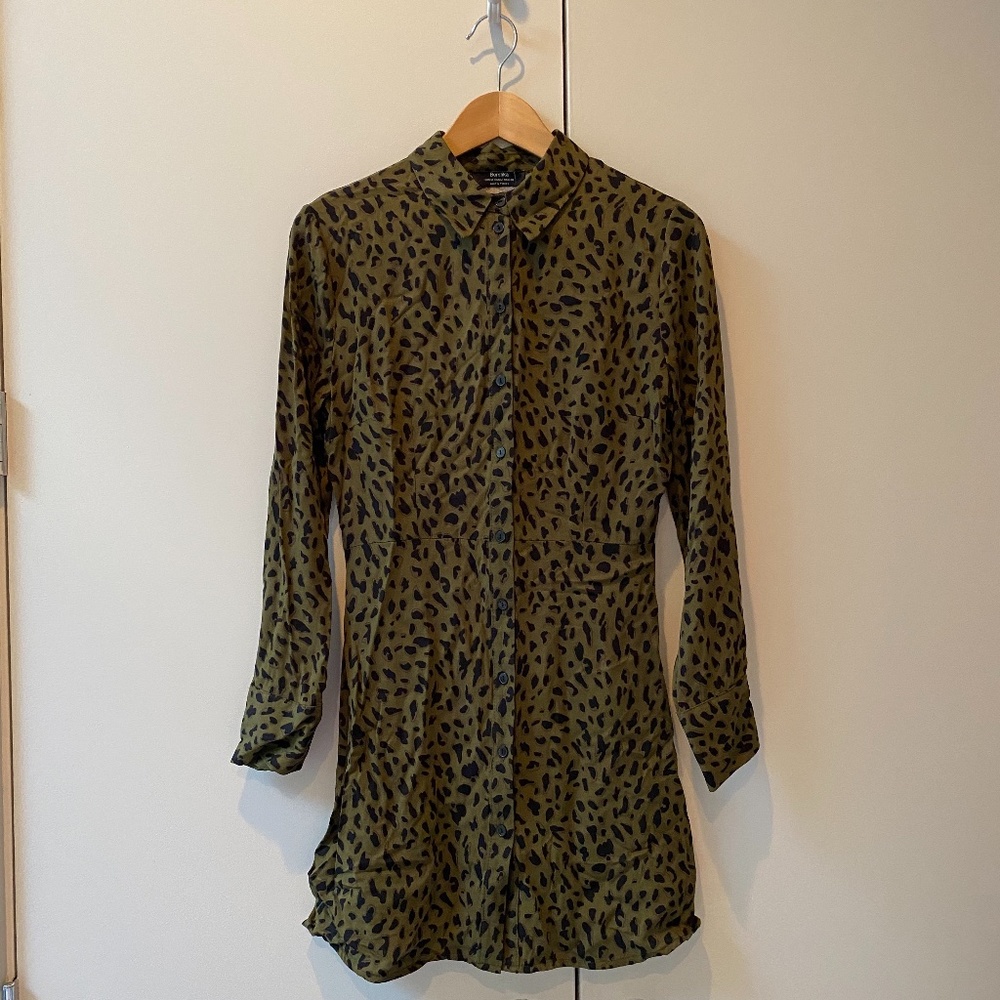 Bershka Dark Green Leopard Button Dress NWT
